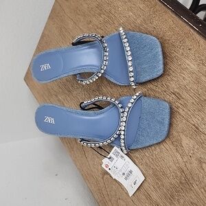 Zara Rhinestone Heeled Denim Sandals size 37